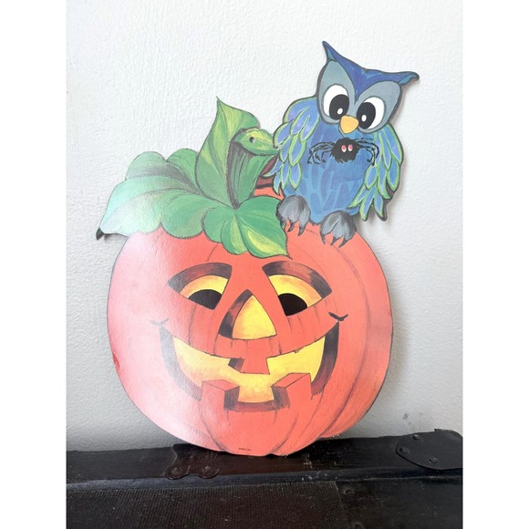 Vintage 1980s Halloween Paper Die-Cut Wall Decor Lot of 2 Owl Bird with Pumpkin - Picture 4 of 8
